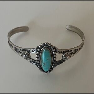 Vintage Fred Harvey Era, Navajo Sterling Silver & Turquoise Etched Cuff